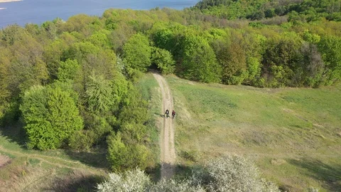 Drone view of couple hiking looking at trail map for directions. Beautiful gr Stock Footage 129500004