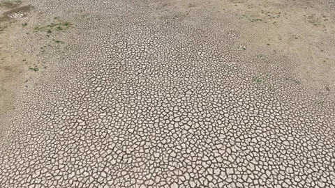 Drone view of cracked soil showing severe drought impact. Video stock 274375683