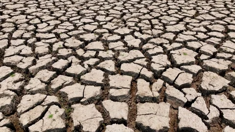 Drone view of cracked soil showing severe drought impact. Video stock 274376157
