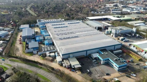 Drone view of critical digital infrastructure with industrial cooling fans for Stock Footage 335014612