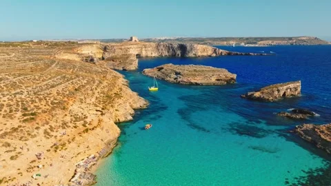 Drone view Crystal and Blue lagoon, Comino, Malta island Stock Footage 274806221