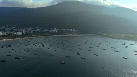 Drone View of Da Nang Bay and Fishing Boats at Sunrise, Vietnam Stock Footage 340487473