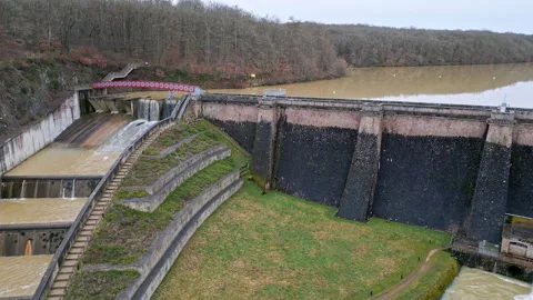Drone view dam spillway and water discharge Stock Footage 328969827
