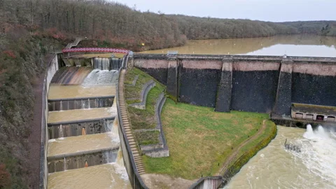 Drone view dam spillway and water discharge Stock Footage 328972071