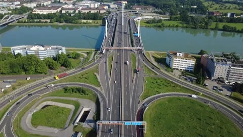 Drone View of Danube Bridge and Highway Interchange in Linz 库存影片 337778665