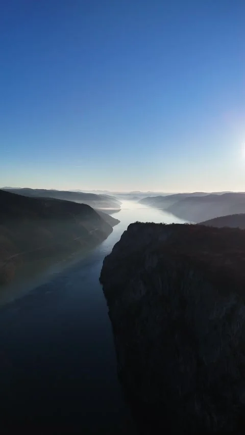 Drone View of Danube Gorge at Dawn with Dense Morning Mist, Romania Stock Footage 334130620