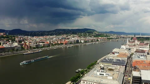 Drone view of Danube river and Budapest city skyline. wide shot footage 動画素材 194511051