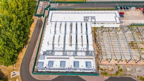 Drone view of a data centre cooling infrastructure components Stock Photos