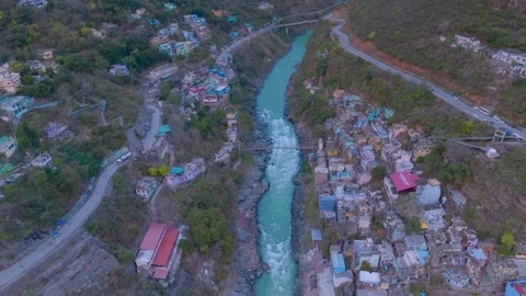 Drone view, Devprayag is the place where the holy rivers Bhagirathi and Ala.. Stock Footage 307676316