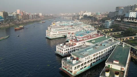 Drone view of Dhaka Launch Terminal, Sadarghat, Bangladesh 2025 Stock Footage 301445968