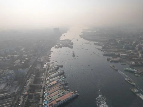 Drone view of Dhaka main Launch Terminal, Sadarghat, Bangladesh Stock Photos