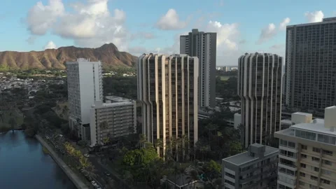 Drone View Of Diamond Head Rising Up Over Buildings In Waikiki, Honolulu, Hawaii Stock Footage 154173479