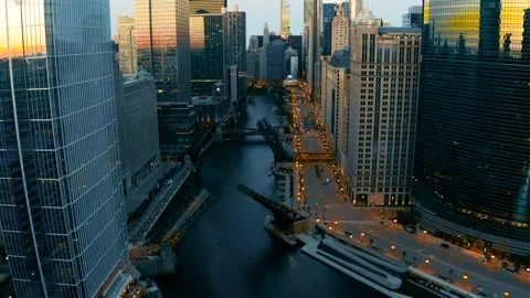 Drone View Down Chicago River With Raised Bridges During George Floyd Protests Stock Footage 131457957