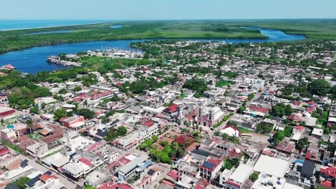 Drone View of Downtown San Blas Surrounded by Nature. Nayarit, Mexico Stock Footage 280780848