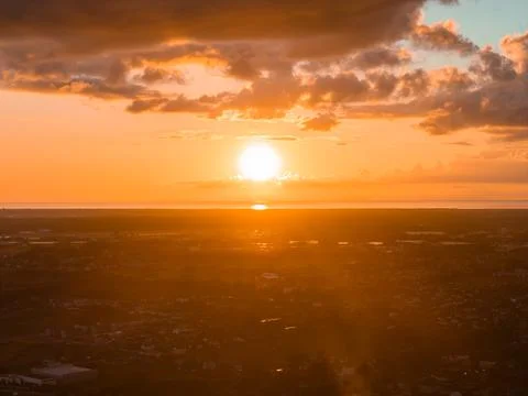 Drone View of Dramatic Sunset Sky over Riga Stock Photos