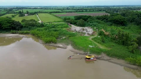 Drone View of Dredging Machinery in the River Stock Footage 310701479
