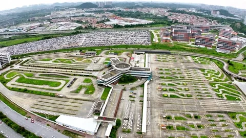 Drone view of driving school test track, cars sales parking lot. Driver training Video stock 327724299
