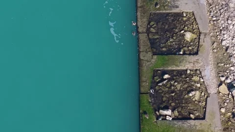 Drone view of ducks on jetty stones turquoise sea Stock Footage 328282653