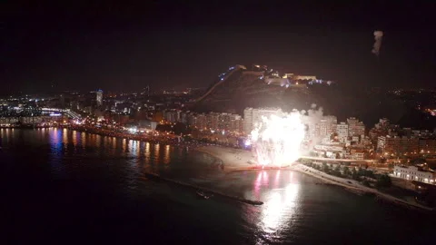 Drone view during the fireworks on the beach in Alicante, Spain. Stock Footage 325909058
