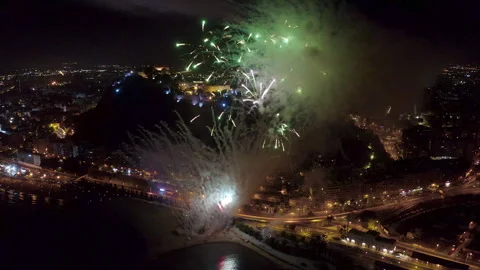 Drone view during the fireworks on the beach in Alicante, Spain. Stock Footage 325911252