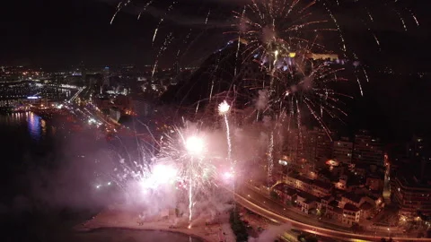 Drone view during the fireworks on the beach in Alicante, Spain. Stock Footage 325911611