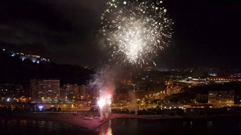 Drone view during the fireworks on the beach in Alicante, Spain. Stock Footage 325911735