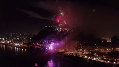 Drone view during the fireworks on the beach in Alicante, Spain. Stock Footage 325911981