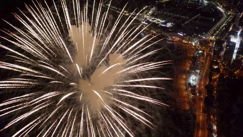 Drone view during the fireworks on the beach in Alicante, Spain. Stock Footage 325912189