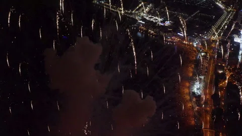 Drone view during the fireworks on the beach in Alicante, Spain. Stock Footage 325912390