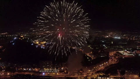 Drone view during the fireworks on the beach in Alicante, Spain. Stock Footage 325912724