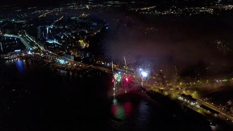 Drone view during the fireworks on the beach in Alicante, Spain. Stock Footage 325912994