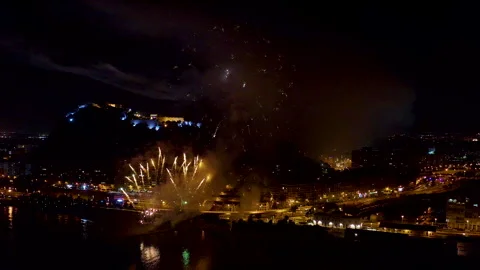 Drone view during the fireworks on the beach in Alicante, Spain. Stock Footage 325913152