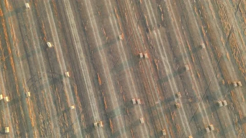 Drone view during sunrise over a farm hay field and river in Alberta Canada Stock Footage 228831666