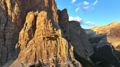 Drone view during sunset of the golden peak of dolomites 스톡 동영상 263266899