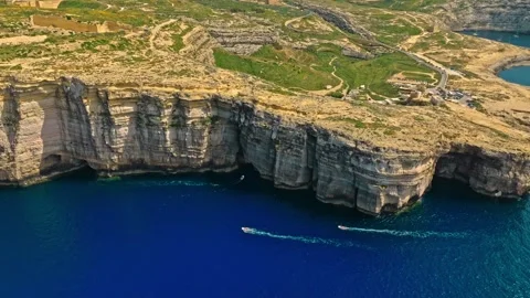 Drone view of Dwejra or Azure window, landmark on Gozo island, Malta Stock Footage 306956335