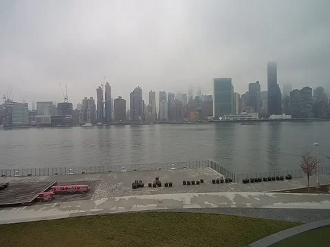 Drone View of the East River from the  Long Island City waterfront Stock Footage 73648905