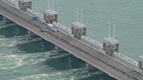 Drone view of Eastern Scheldt storm surge barrier, Zeeland flood control Stock Footage 315978438