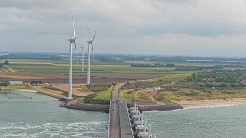 Drone view of Eastern Scheldt surge barrier, Delta Works and renewable power Stock Footage 315978322
