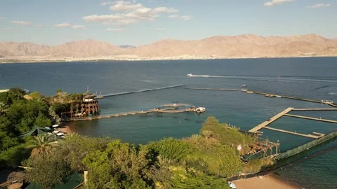 Drone View of Eilat Waterfront and Red Sea Shoreline Israel Stockbeeldmateriaal 337629542