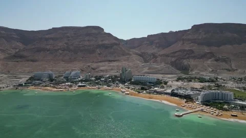 Drone View of Ein Bokek Resort City and Dead Sea Shoreline Israel 動画素材 337629422