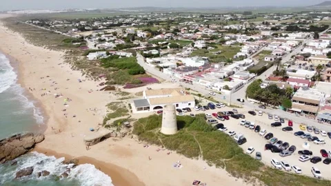 Drone view of El Palmar beach in Vejer de la Frontera, people enjoying Video stock 240045679