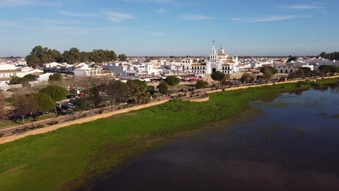 Drone View of El Rocío Iconic Church and Traditional White Houses Vídeos de archivo 269681060