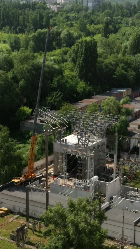 Drone view of electric substation construction site vertical Stock Footage 339794846