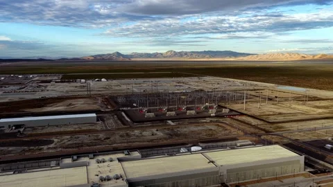 Drone View of Electrical Substation and Data Center in Western US High Desert Stock Footage 342093271