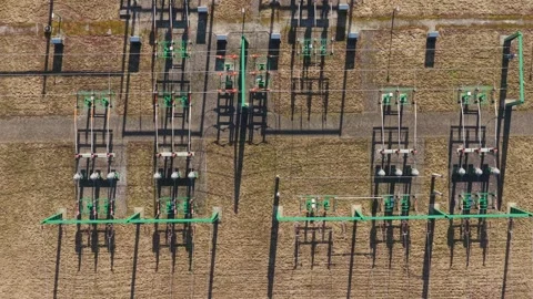 Drone view of electrical substation with transformers and grid system. Svitavy Stockbeeldmateriaal 332643062