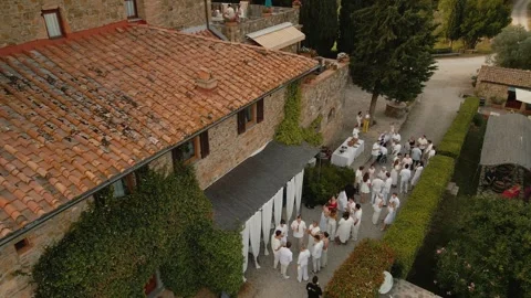 Drone View of Elegant Outdoor Reception at a Luxury Villa in Tuscany Stock Footage 308645941