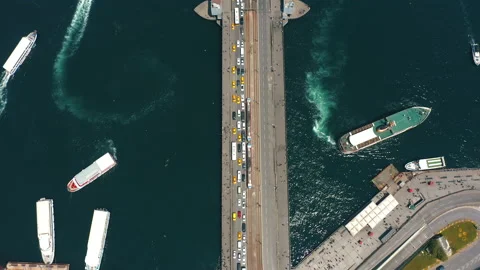 Drone view of Eminonu square and Galata Bridge over Bosphorus in Istanbul Stock Footage 201341259