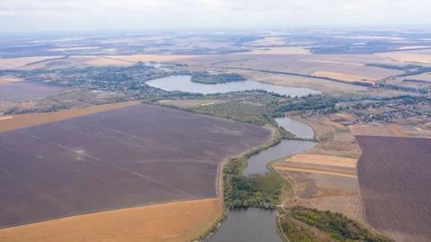 Drone view. Empty agricultural fields with the harvest. Foto stock