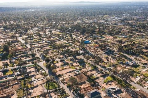 Drone view of empty lots of homes left behind from the Eaton fire Stock Photos