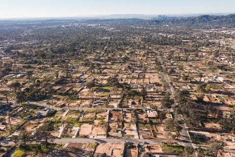 Drone view of empty lots of homes left behind from the Eaton fire Stock Photos